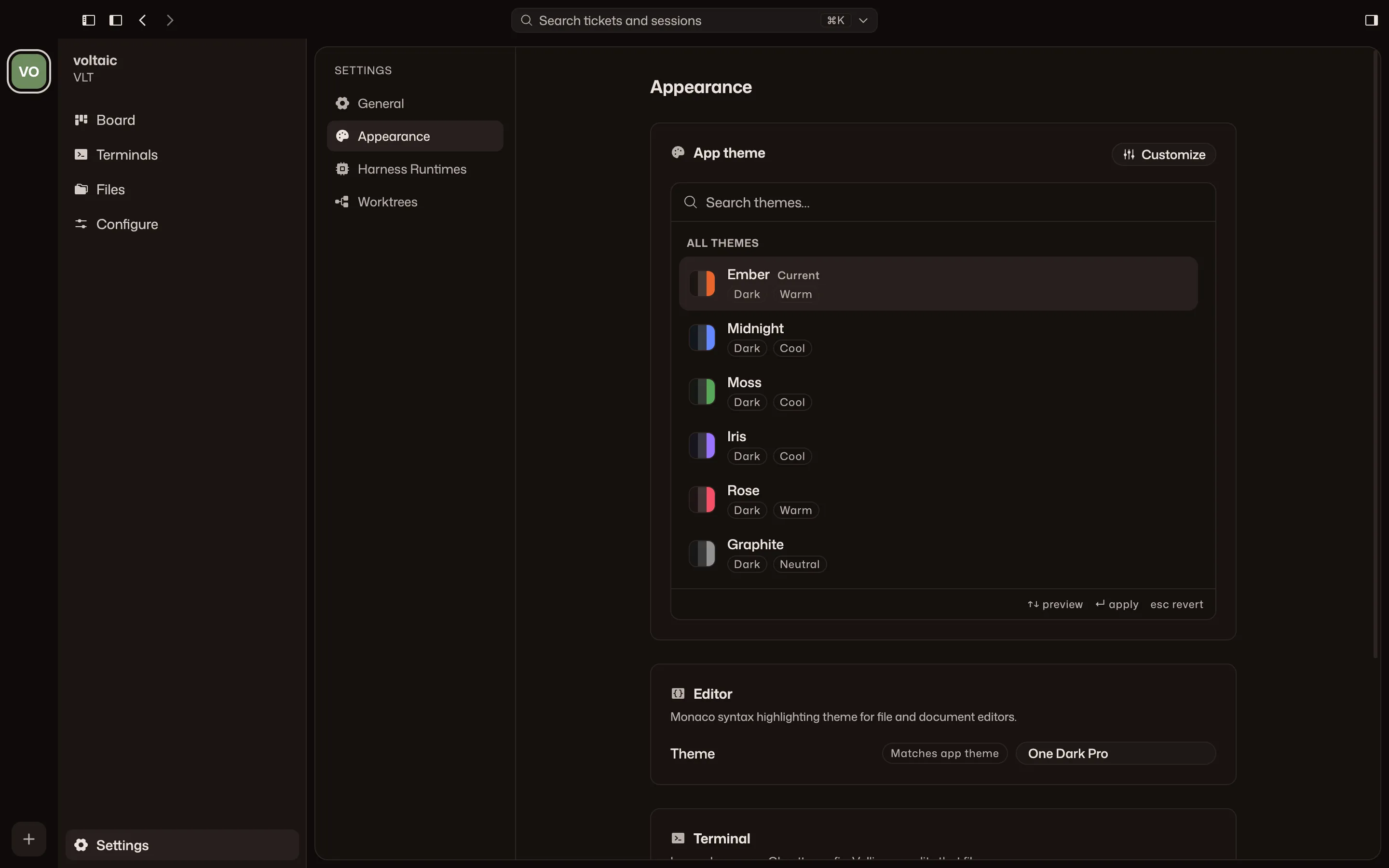 Volli’s Settings screen on the Appearance page. The App theme picker lists
six built-in themes (Ember, marked Current, then Midnight, Moss, Iris, Rose,
and Graphite), each with a color swatch and Dark, Warm, Cool, or Neutral tags,
above the Editor theme row.