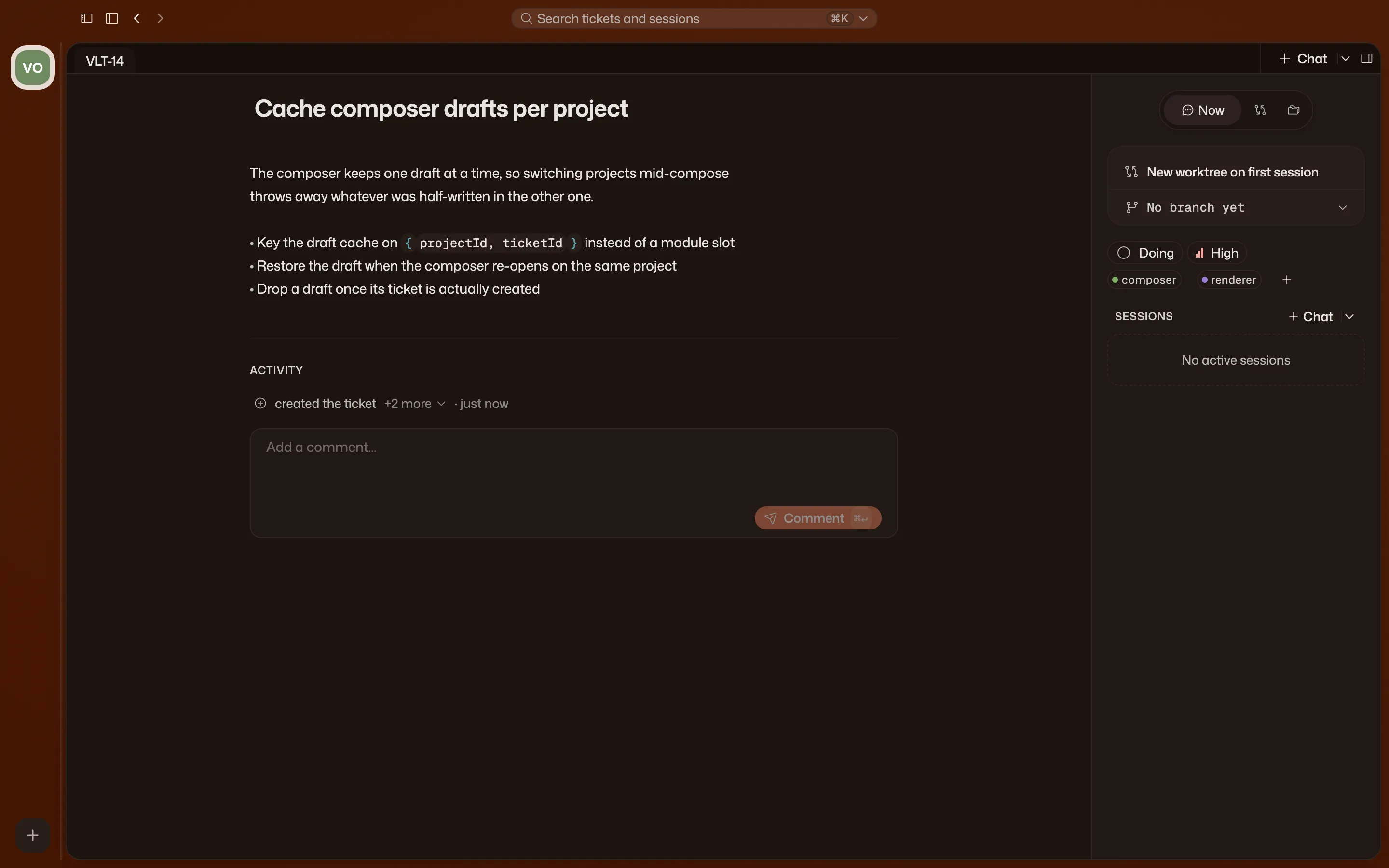A ticket workspace for VLT-14. Its Ticket Body holds the task brief, and the workspace shows the worktree, review state, and Chat control.